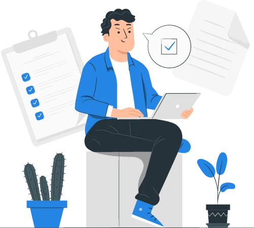 A seated man reviews documents while holding a tablet.