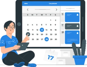 An illustrated woman holds a tablet beside a large calendar.