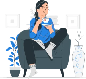 An illustrated woman sits in an armchair holding a drink.