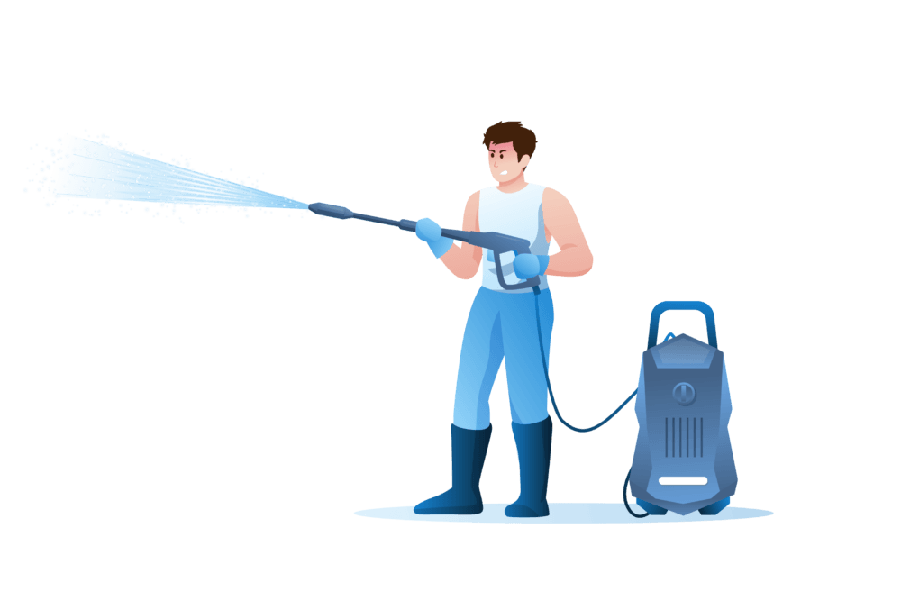 A man power washing with a pressure washer. He wears boots and gloves, spraying a powerful stream of water. Pressure washing is a great way to clean surfaces.