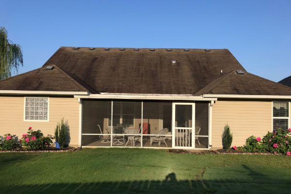 Backyard view of a tan home with a screened-in porch, green lawn, and flower beds. The roof is dark brown with noticeable discoloration. A peaceful scene of home life.