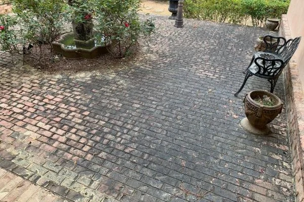 Dark brick paving surrounds garden plants and metal outdoor chairs.