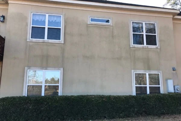 Dark vertical streaks run between windows on a beige building.