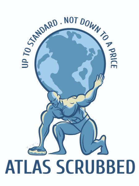 Atlas Scrubbed logo: A muscular Atlas kneels, supporting a globe on his shoulders. Text reads "Up to standard, not down to a price." Showcasing quality cleaning services.