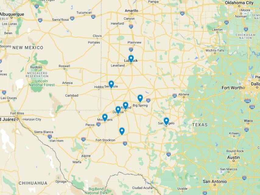 Map of West Texas showing locations of cities including Lubbock, Midland, Odessa, and San Angelo, with major highways and interstates marked.