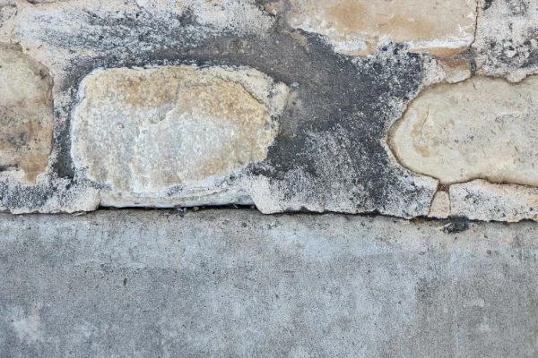 A stone wall meets a lighter section of concrete.
