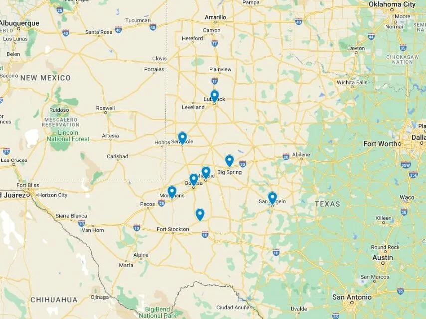Blue markers indicate several locations on a West Texas map.