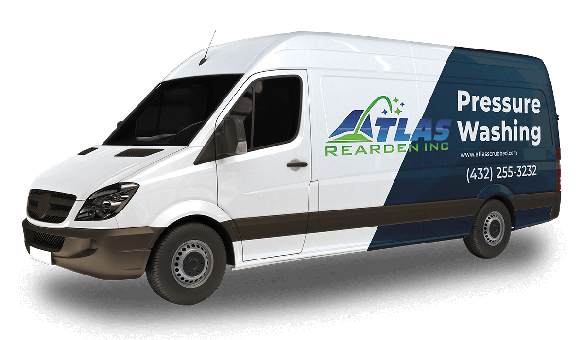Atlas Rearden Inc. pressure washing van, white with a dark blue graphic, parked against a black background. Text on the van includes the company name, "Pressure Washing," website, and phone number.