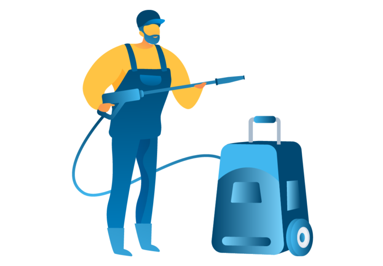 A worker in blue overalls uses a pressure washer, part of soft washing techniques, with the machine beside him. He wears a cap and has a beard.