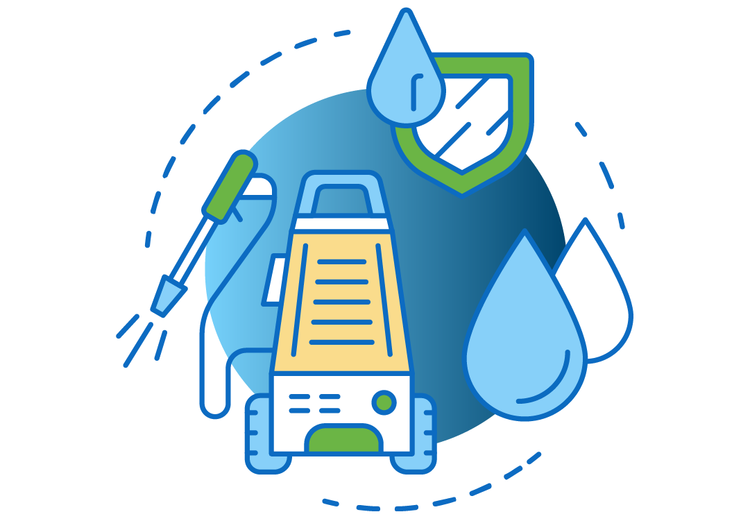 Illustration of a pressure washer with water droplets and a shield, representing the benefits of soft washing.