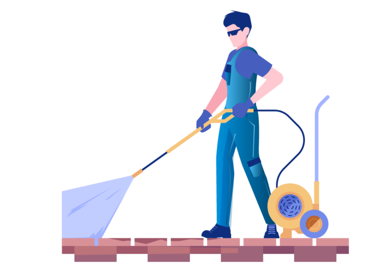 A worker in blue overalls and sunglasses uses a soft washing system to clean a wooden surface. The cleaning machine is on wheels beside him.