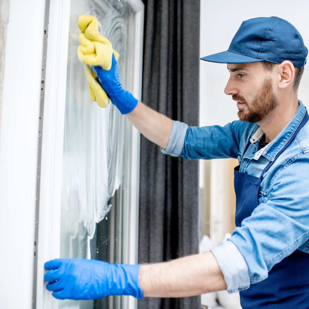 A window cleaner in Midland, Texas, from Atlas Scrubbed, washes a window with a yellow cloth. He wears blue gloves, a matching apron, and a cap.