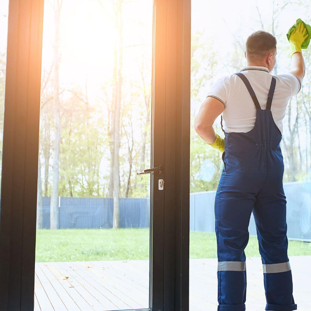 Window cleaner in Lubbock, Texas, wearing blue overalls and yellow gloves, wiping a large glass window. Sunlight streams through the window, highlighting the clean surface and the green lawn outside.
