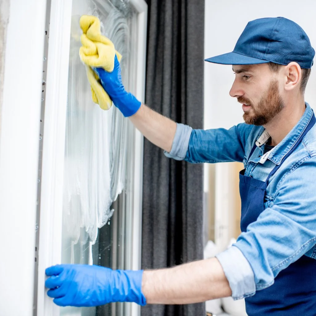 A gloved worker wipes a window frame with a yellow cloth.
