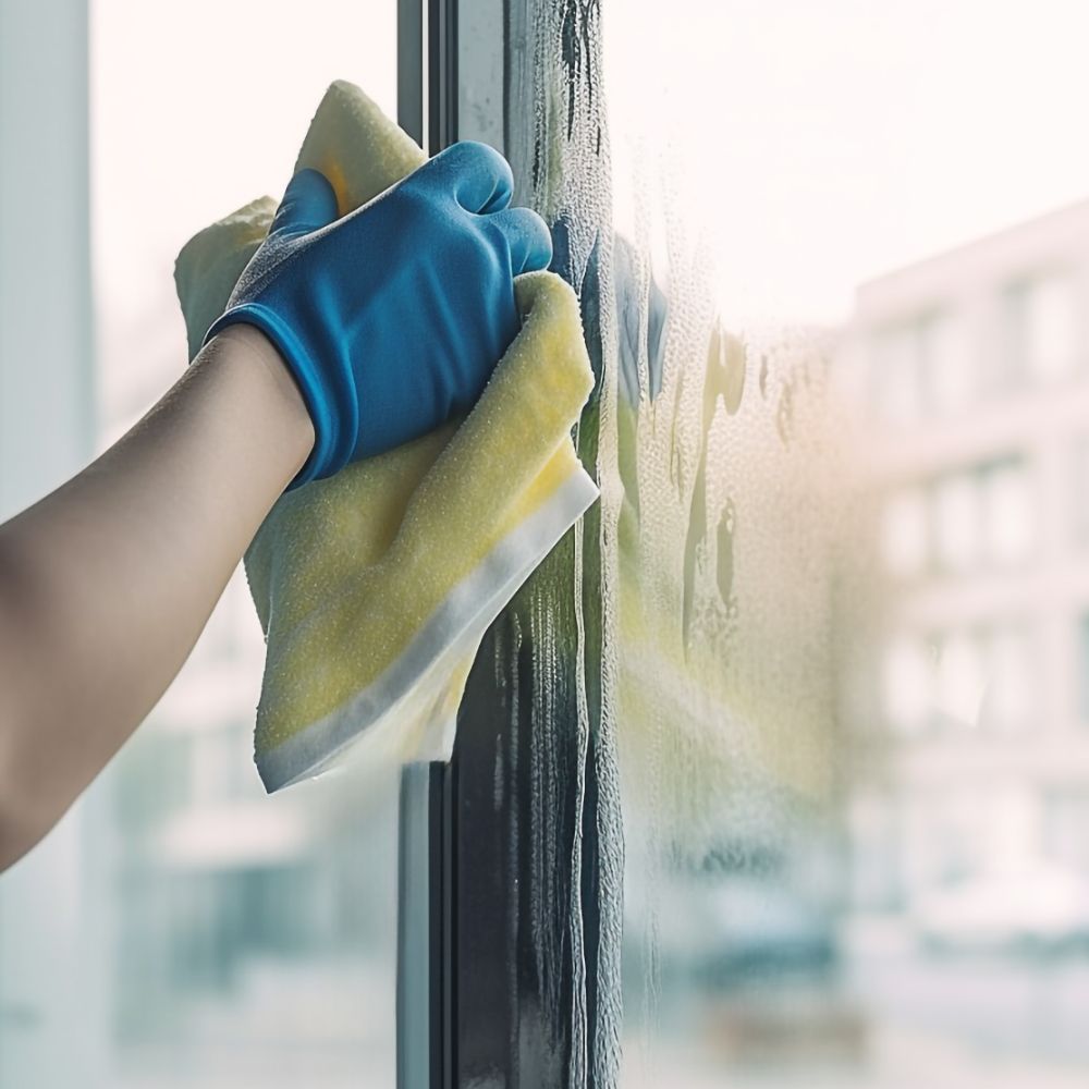 Close-up of a gloved hand cleaning a window with a yellow cloth. Streaks of cleaning solution show the cleaning process, with a building visible through the glass. Window cleaning in McCamey, Texas.
