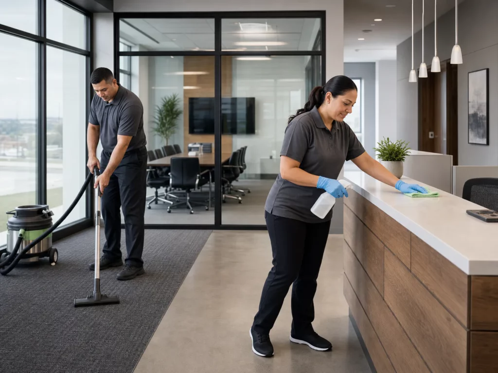 Commercial cleaning team vacuuming and sanitizing a modern office reception area.
