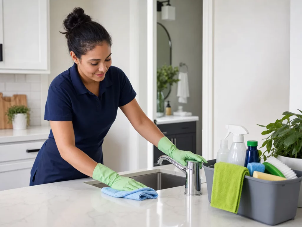 Interior cleaning professional sanitizing a kitchen counter with organized cleaning supplies.