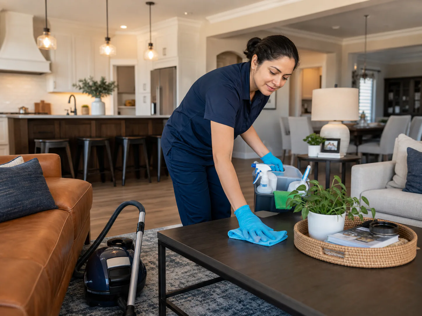 Professional residential cleaner wiping a coffee table in a bright Midland-area home.